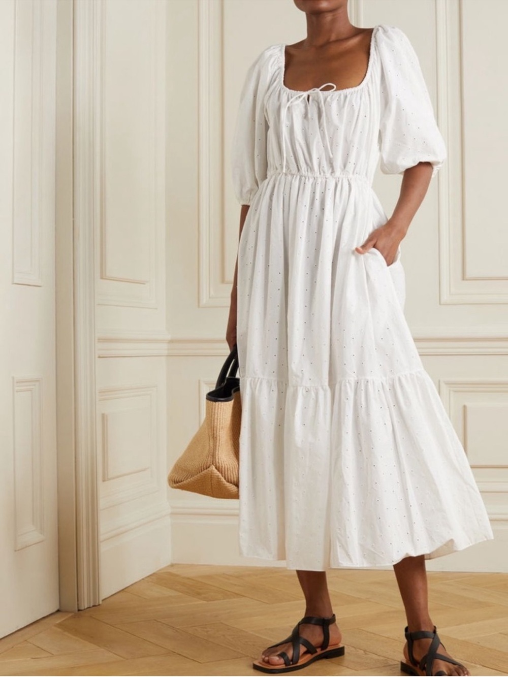 NWT Matteau Tiered Broderie Anglaise WhiteEyelet Cotton Midi Dress SZ 2 / US 4